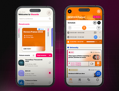 Voxxrin 3 - Your Conference Companion accordion app avatar brand branding cards collapse design events graphic interface ionic list mobile product design slide tabs timeline ui ux
