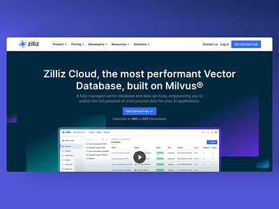 Zilliz Cloud-First Screen ai cloud database landingpage