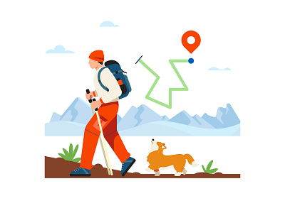 Hiking Illustration character dog flat design hiking sport trekking