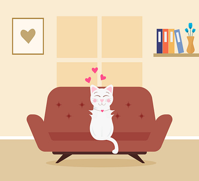 A cute cat sitting on a sofa couch abstract apartment books cartoon cat composition cute decor design doodle hearts illustration interior living room plants retro sofa vector wall frame