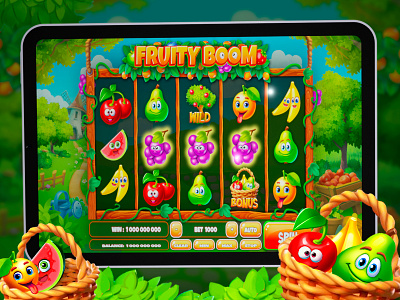 Juicy ‘Fruity Boom’ Slot — Background and UI Elements background design banana basket cherry fruit basket fruit orchard fruit themed fruit tree igaming illustration online games pear slot background slot logo slot online slot ui elements ui ui elements ui ux watermelon