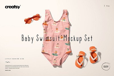 Baby Swimsuit Mockup Set (26LFv.2) baby beach creator creatsy custom customizable generator kids mockup mockups pattern patterns personalized smart object template templates toddler