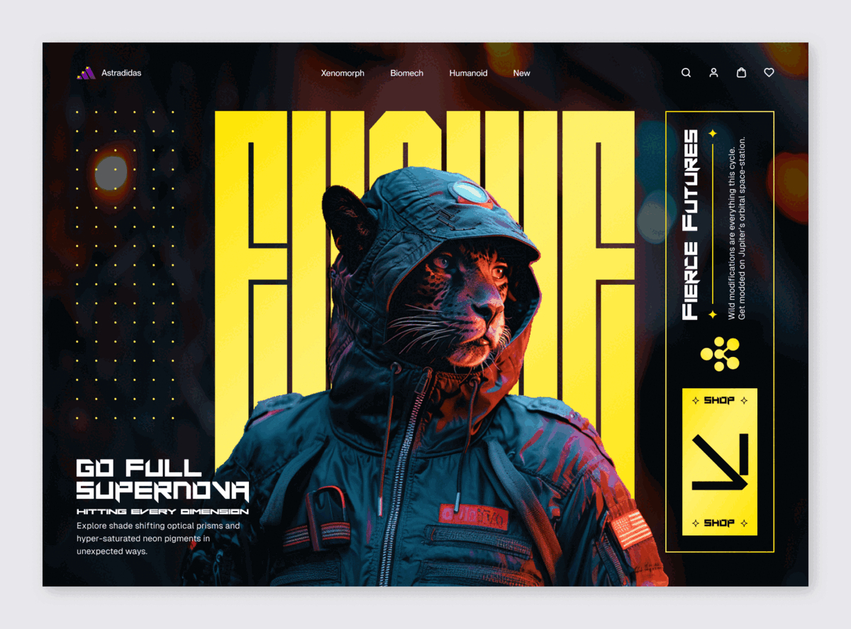 Futuristic Fashion Website Design bold fashion future futuristic humanoid landing page typeface typography ui web design website