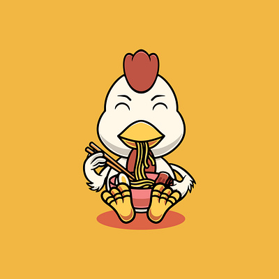 Cute chicken eating ramen noodles cartoon illustration instant