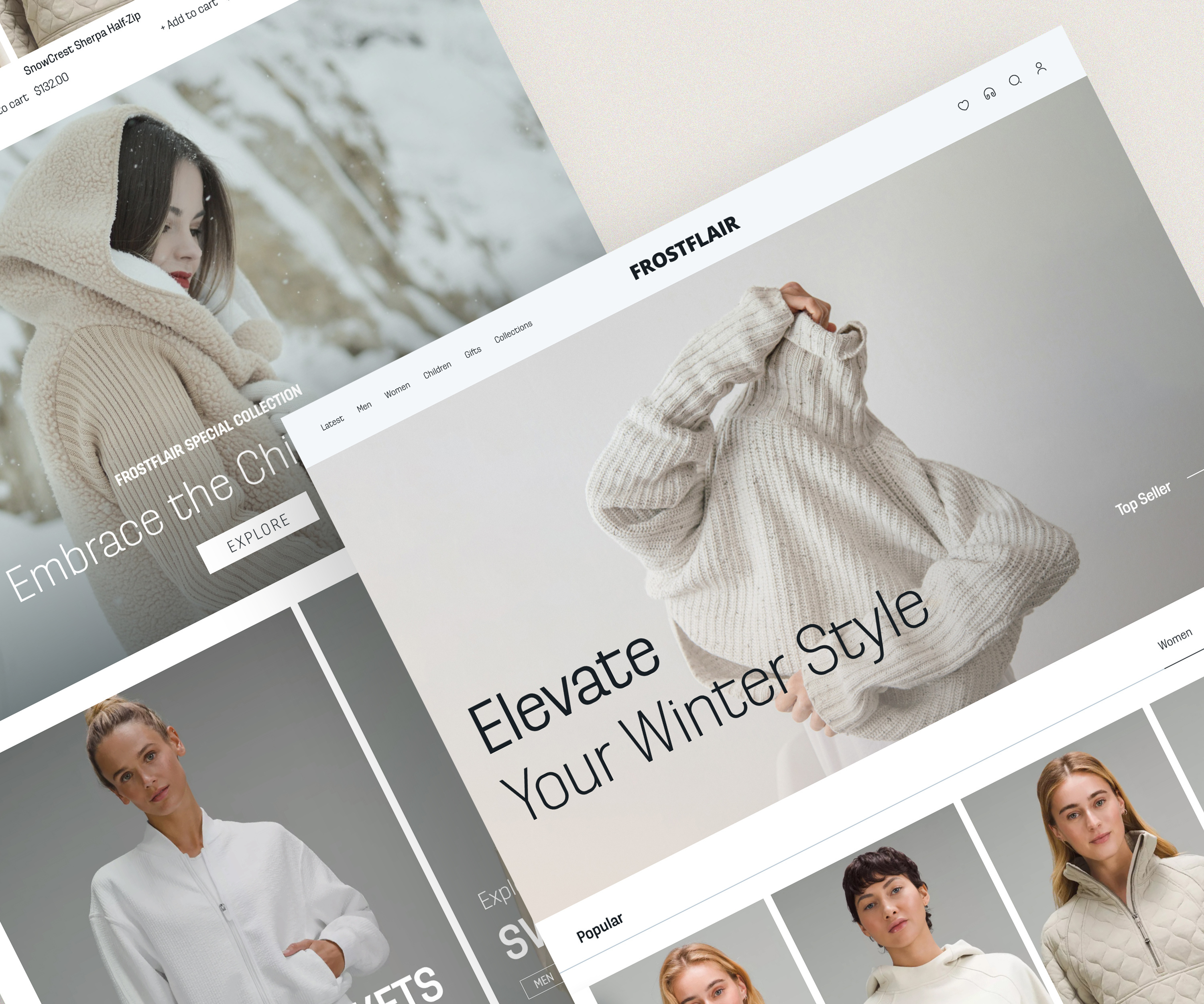 FROST FLAIR - Women's warm clothing store landing page design best clean clean ui design ecommerce fashion inspiration landing minimal one page page design store theme trend ui uiux web design webpage winter women clothing