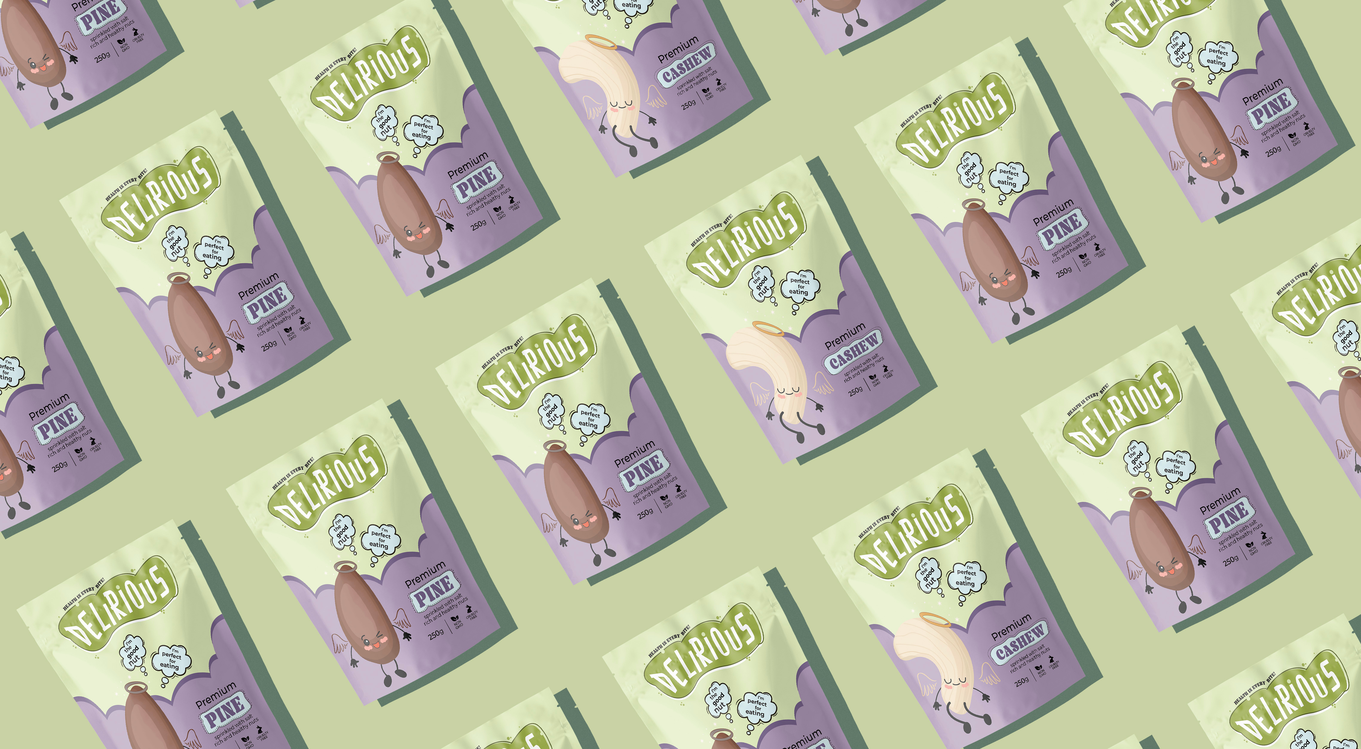 Delirious Pouch Packaging Design branding cashew design designing dry fruites food food packaging illustration nuts packaging pine nuts pistachio pouch pouch design salted salted snacks snack packaging