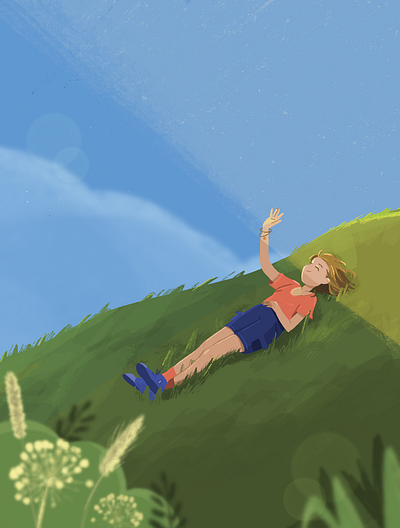 Relaxing on grass 2d cartoon child girl illustration lying procreate relax smile wind