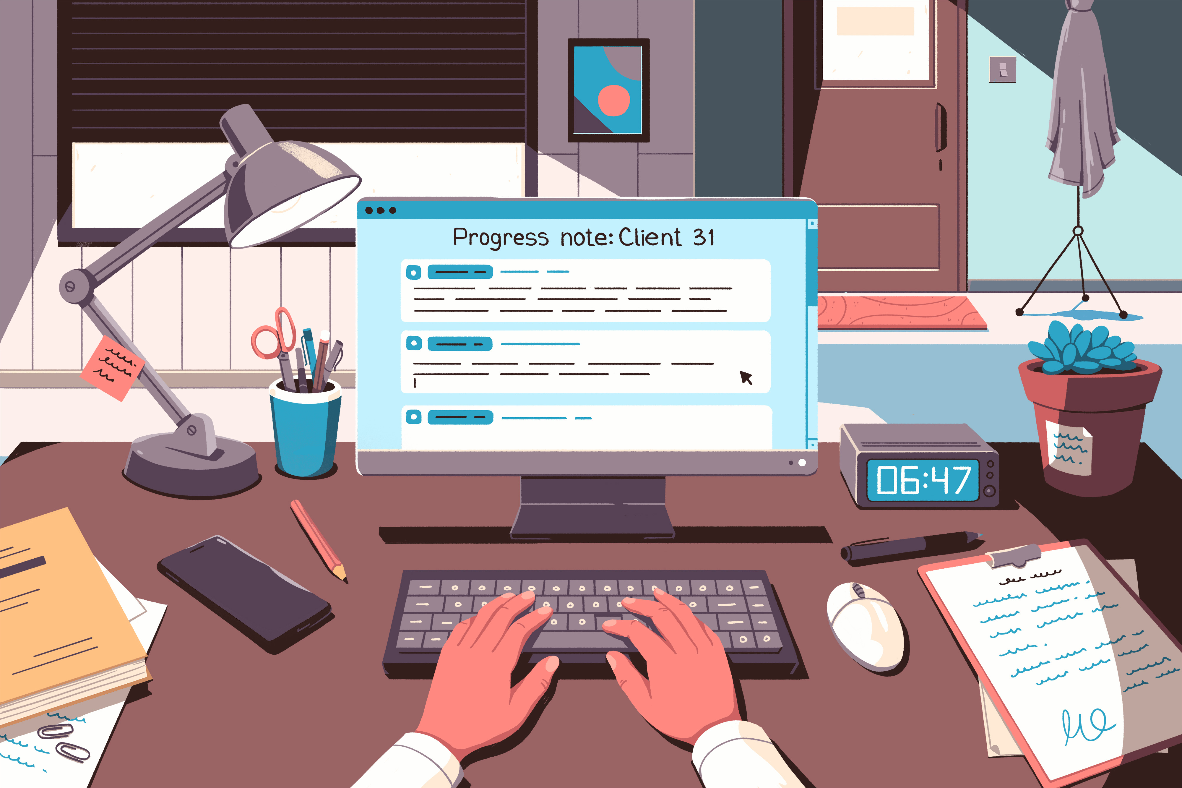 Medical reports art cartoon character computer design desk doctor illustration medicine reports screen work