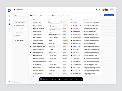 CRM - Contacts Page app bulk clean company contacts crm email everyway figma list management marketing minimal project sales status table ui ux web
