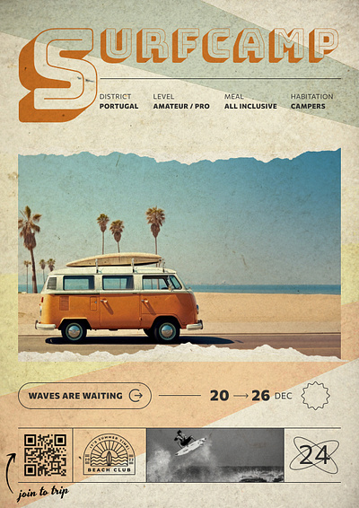 Retro poster Surfcamp collage creative design graphic design poster retro surf typographic