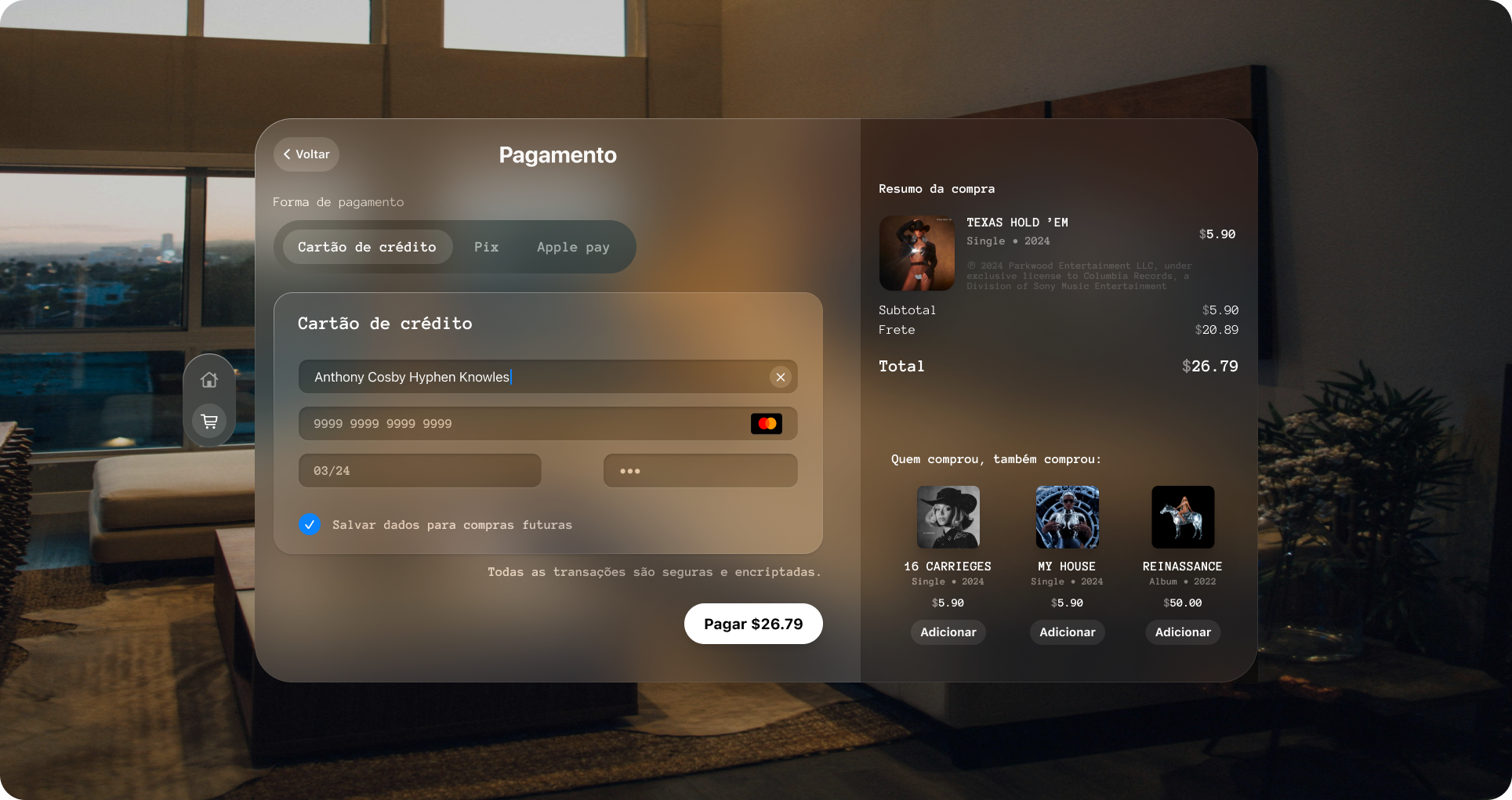UI Challenge 002: Checkout Page - Apple Vision Pro inspired apple vision pro beyonce checkout credit card daily ui 002 daily ui challenge 002 glass lp music payment selling study case texas ui ui challenge upsell vision pro