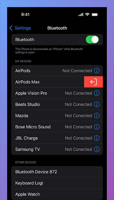iOS Bluetooth Settings - Swipe to Unplug app design ui