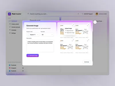 AI Powered Social Platform Manager ai artificial intelligence business dashboard facebook instagram linkedin ofspace popup product saas social media social platform manager ui web application