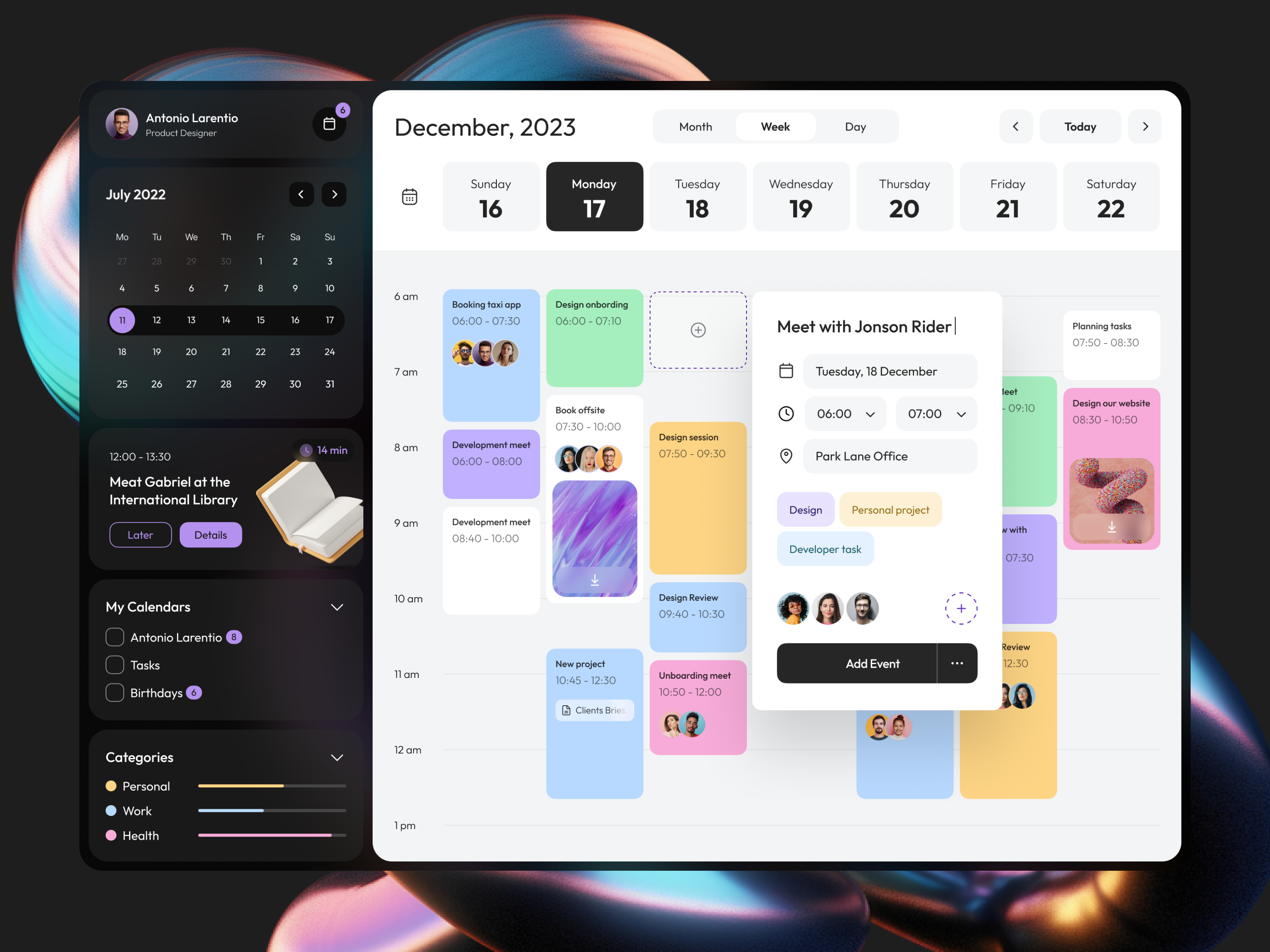 Example of Calendar Dashboard Design Concept