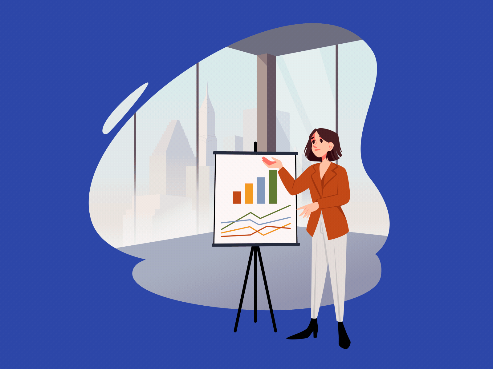 A businesswoman giving a presentation in an office 2d analytics animation conference data visualization demonstration finance graph growth illustration lip sync manager motion graphics overview presentation board skyscraper speech talking woman work
