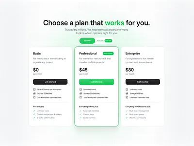Pricing Plan Concept design figma finance interface design light mode minimal paywall plan price pricing product design professional saas team trello ui ux website website design website plan