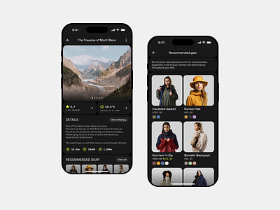 NOMAD — Hike details & Gear recommendation app clean concept dark equipment gear hike hiking minimal mobile modern product ui ux