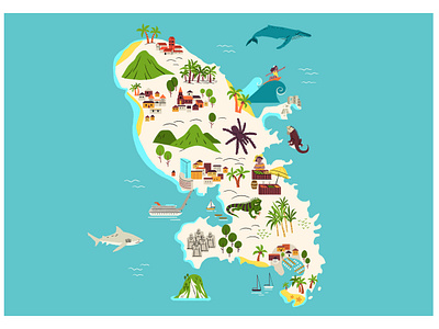 Martinique Island animals antilles art branding camille ferrari colorful illustration design editorial art french island graphic guadeloupe illustration illustration map illustrator island map martinique sharks whale