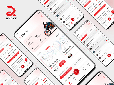 RYDYT - Mobile App for Riders android automotive bike app branding chat community dark groups latest design light mobile app navigation plan a trip red theme rider app riders trend ui ux visual design