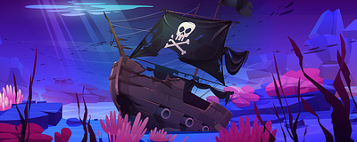 Wrecked pirate ship on sea bottom design game game design illustration landscape pirate sea under vector