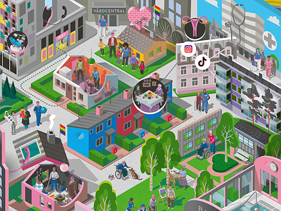 Health Agents 3d city cityscape detailed illustration diversity education health health and care houses illustration infographic isometric large people social storytelling sweden vector