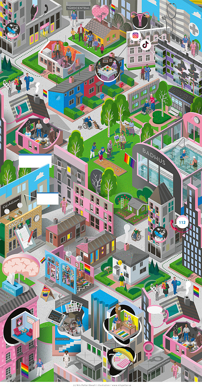 Health Agents 3d city cityscape detailed illustration diversity education health health and care houses illustration infographic isometric large people social storytelling sweden vector