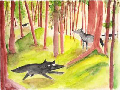 wolfs in forest artwork illustration painting