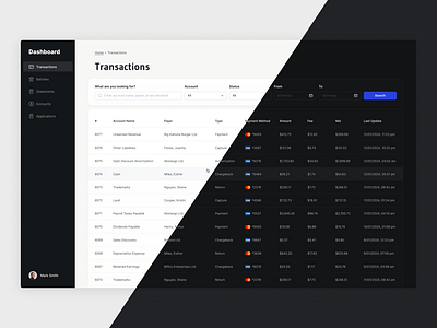 Transaction Management Table dark theme dashboard design financial icon interface search table transactions ui ux