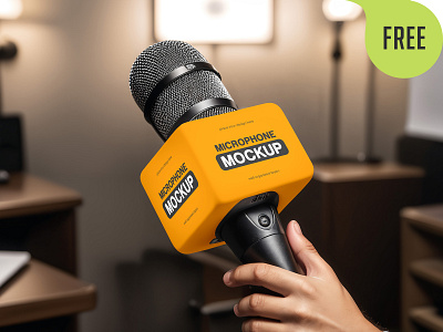 Free Microphone Mockup. AI Generated audio broadcast cube free freebie karaoke logo media mic microphone mockup news podcast radio record singer song sound speaker voice