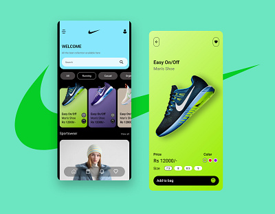Nike App appdesign apphome dailyui darkmode homesceen modermdesign nike nikeapp nikedesign nikeshoes nikeui productpage ui