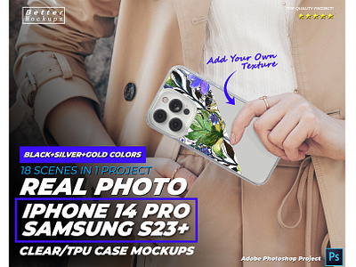 Real Photo Clear Case TPU Mockups for iPhone 14/15 Pro 3d bettermockups casestry clear case clear case mockups creative ads design digital marketing iphone iphone 15 iphone case mockup phone case mockup printful mockup printify real life samsung clear case samsung s23