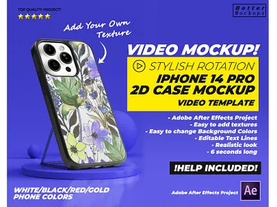 iPhone 14 Pro 2D Case Video Mockup 2d case 2d case mockup 3d animation bettermockups casestry creative ads design digital marketing illustration iphone iphone 15 iphone case mockup mockup motion graphics phone case mockup printful mockup printify
