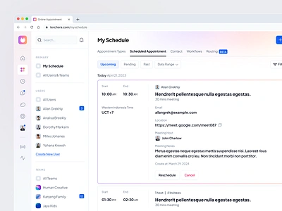 Schedule List - Terchera Online Appointment appointment appointment system booking dashboard online appointment saas schedule schedule appointment tab ui web app
