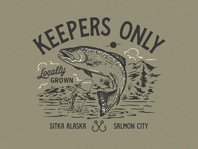 Keepers Only alaska fish fisherman fishing forest hook illustration salmon sitka typography vintage