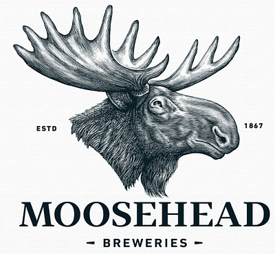 Moosehead Beer Brandmark illustrated by Steven Noble artwork beer branding design engraving etching illustration line art moosehead moosehead beer pen and ink scratchboard steven noble woodcut