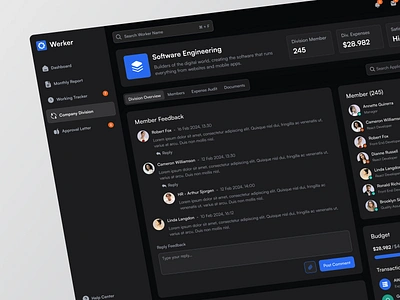 Werker - Company Division Dashboard admin dashboard agency company dark mode dashboard design employee hr dashboard hr management human resource performance tracker product design saas saas product ui ui design uiux web app worker worker tracker