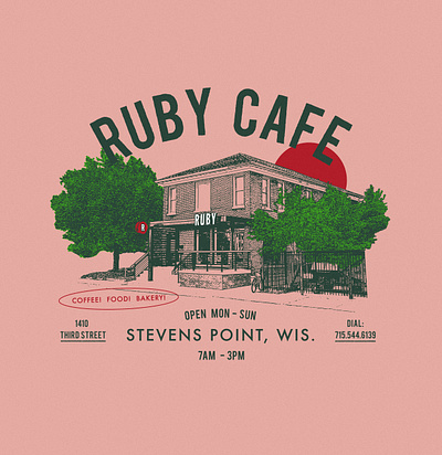 Ruby Cafe - Tee Shirt apparel branding building cafe coffee design graphic design illustration nature scene t shirt texture type type lockup vector