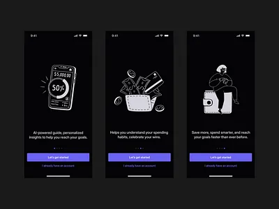 Wallet: Onboarding Dark Screens application branding mobile