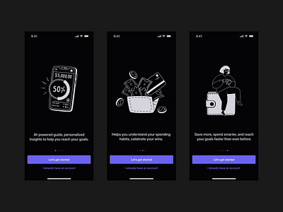 Wallet: Onboarding Dark Screens application branding mobile