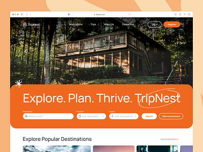 TripNest - Home Page Design Exploration accommodation app branding design desktop hero section home page hotel booking landing page online booking travel trip tripnest ui uiux upscalix ux website