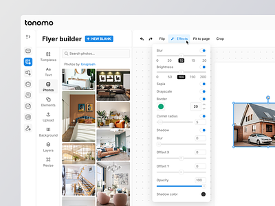 Tonomo: Flyer Builder booking builder design edit flyer interface layers management photography real estate template tonomo ui ux web