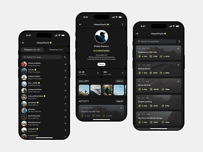 NOMAD — Social profile activity app design followers gallery hike hiking minimal mobile modern mountains product profile social ui user ux