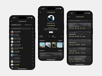 NOMAD — Social profile activity app design followers gallery hike hiking minimal mobile modern mountains product profile social ui user ux