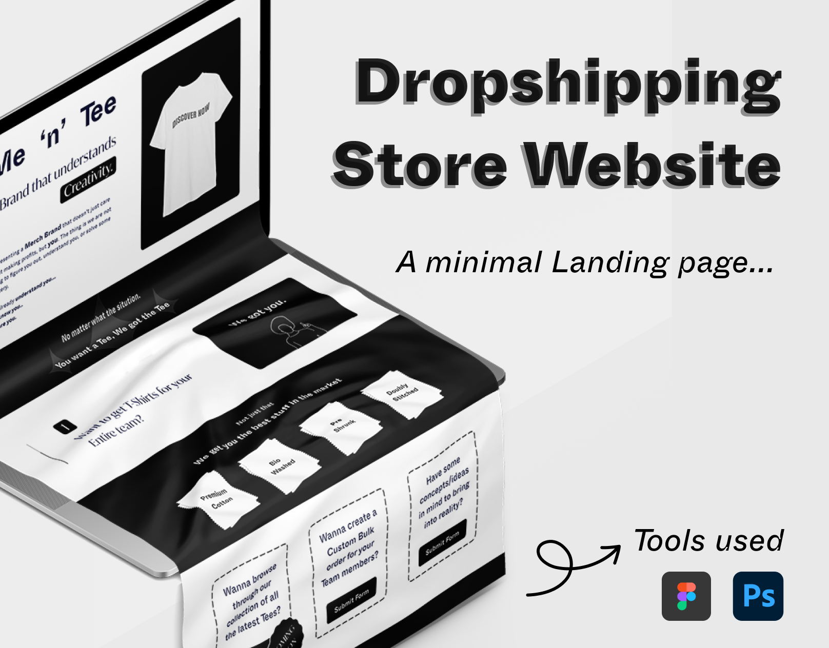 Merch Dropshipping Store - Minimal Landing page design black and white concept design design dropshipping dropshipping store dropshipping website figma freelance design graphic design hero section landing page landing page design merch store minimal minimal landing page product design ui ui design ui ux website design