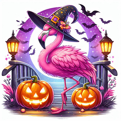 Flamingo Wearing A Witch Hat 3d animation branding design graphic design illustration logo merch by amazon motion graphics typography ui ux vector