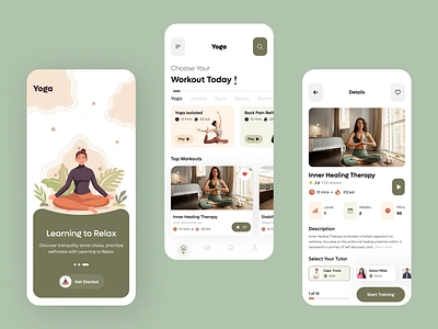 Yoga Mobile App fitness health app healthcare meditation app mental health mindfulness minimal mobile app design modern nature online class practice yoga relaxation relaxing app ui ux wellness workout yoga app yoga class