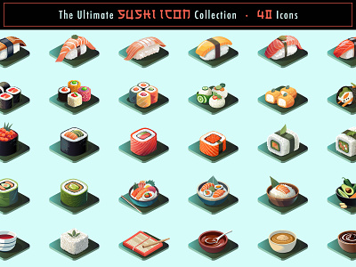 The Ultimate Sushi Icon Collection abstract branding colorful colors design food icons geometric illustration isometric sushi icons japanese food icons maki roll icon nigiri icon sashimi sushi bowl icon sushi icon set sushi icons sushi roll icon temaki sushi ui vector