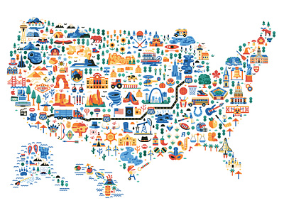 USA Travel map american flat design icons illustration infographic landmarks map poster print symbols tourist travel united states usa vector