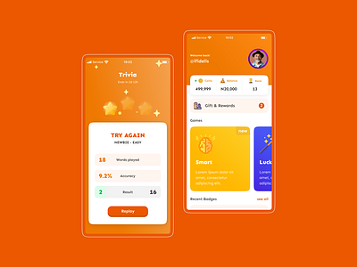 Play and Earn clean design doodles game orange ui word trivia
