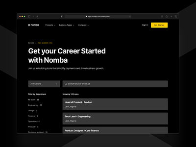 Nomba Website: Career - Available Roles career careerpage dark darkmode design designthinking illustration job minimal newjob nomba roles ui uidesign uiuxdesign ux ui webdesign webexperience website